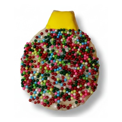 AJB-1049 : Sprinkled Ornament Yellow Cap Frosted Cutout Sugar Cookie at A & Js Texas Bakehouse