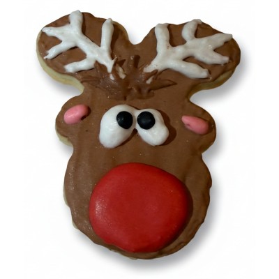 AJB-1079 : Goofy Red-Nosed Reindeer Frosted Cutout Sugar Cookie at A & Js Texas Bakehouse