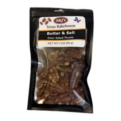 AJB-1294 : Butter & Salt Oven-Baked Pecans - 3 oz Bag at A & J's Texas Bakehouse AJB-1294 : Butter & Salt Oven-Baked Pecans - 3 oz Bag at A & J's Texas Bakehouse